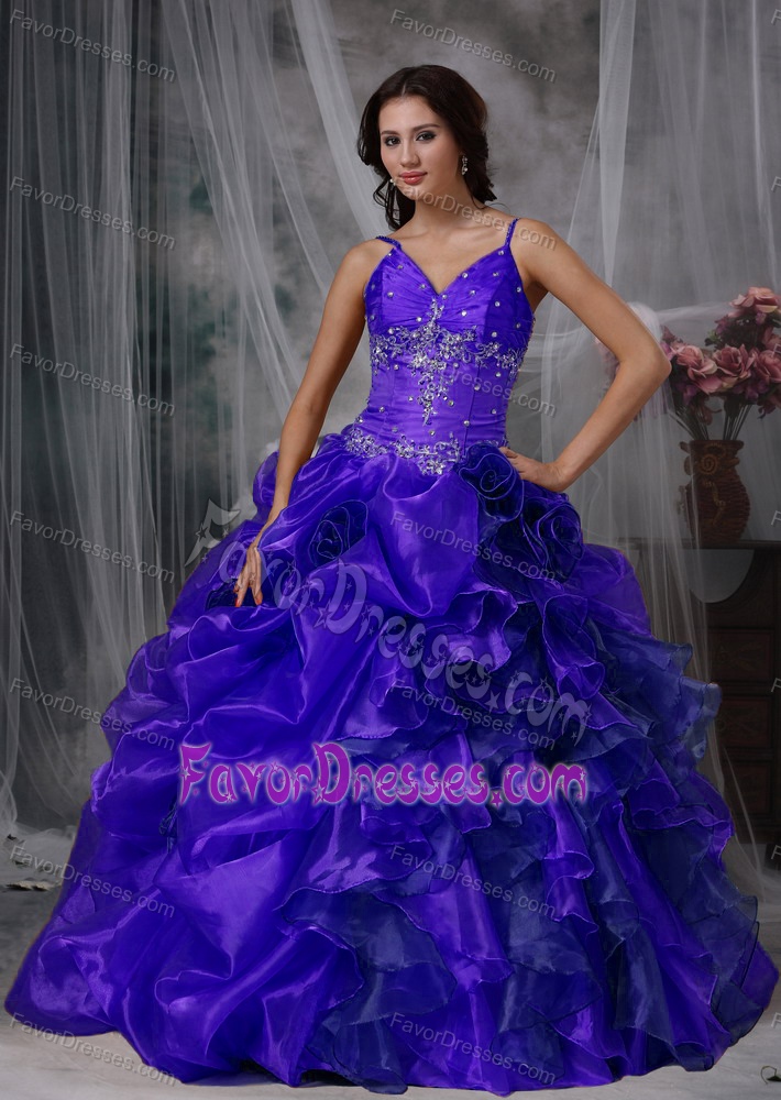 Sweet Purple Ball Gown Straps Beaded Ruffled Quince Dress in Organza